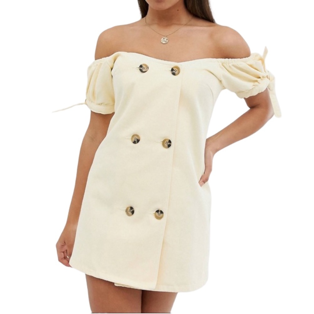 ASOS Denim Cream Off-Shoulder Double-Breasted Mini Dress